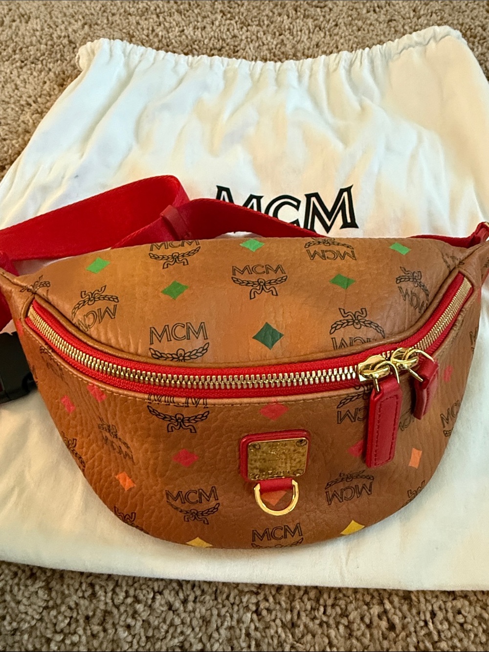 MCM Brown Visetos Leather Crossbody Belt Bag with Multicolor Diamonds - Picture 2 of 14